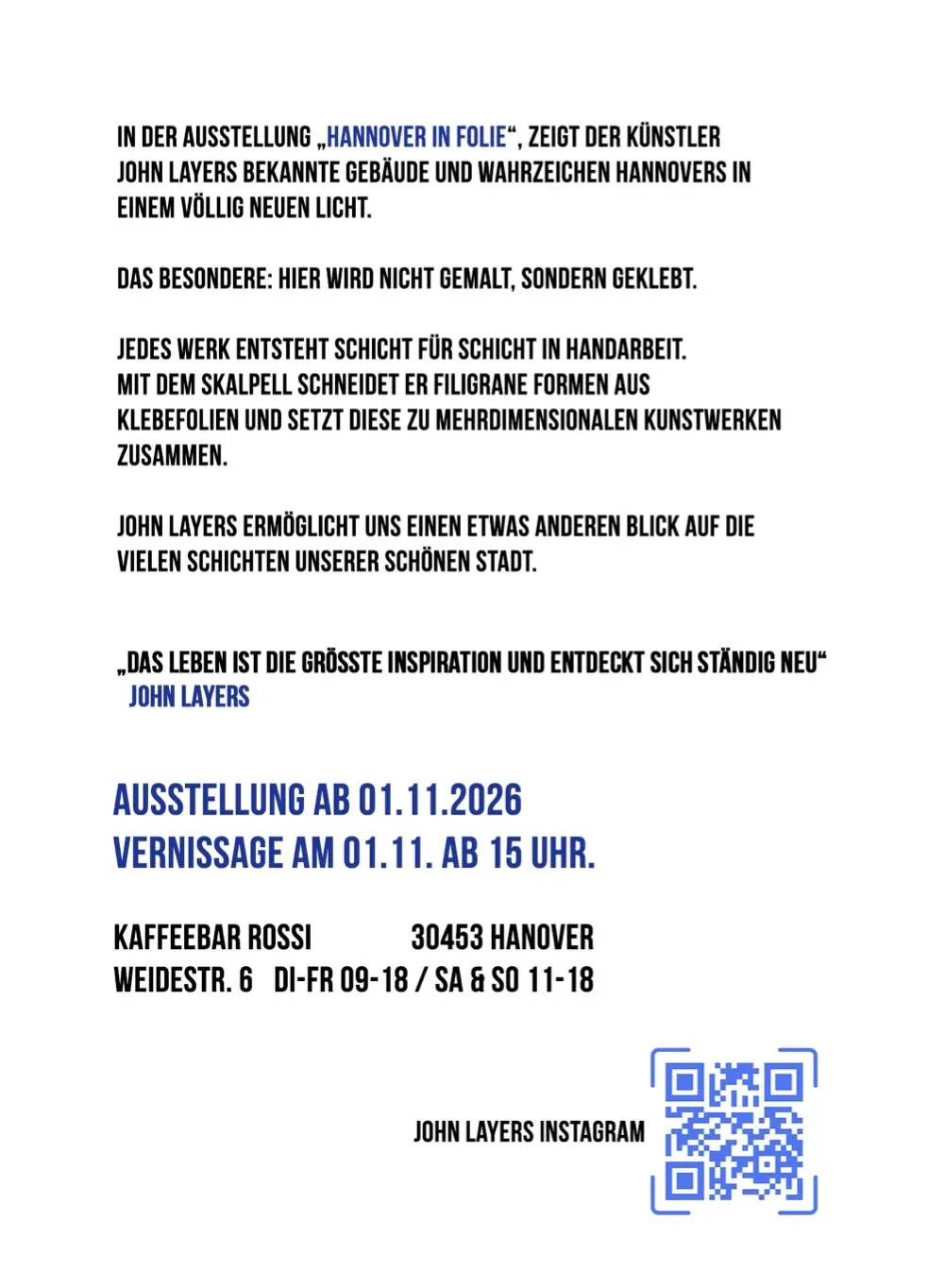 Flyer „Hannover in Folie“, Rückseite mit Ausstellungstext, Vernissage, Adresse und Öffnungszeiten